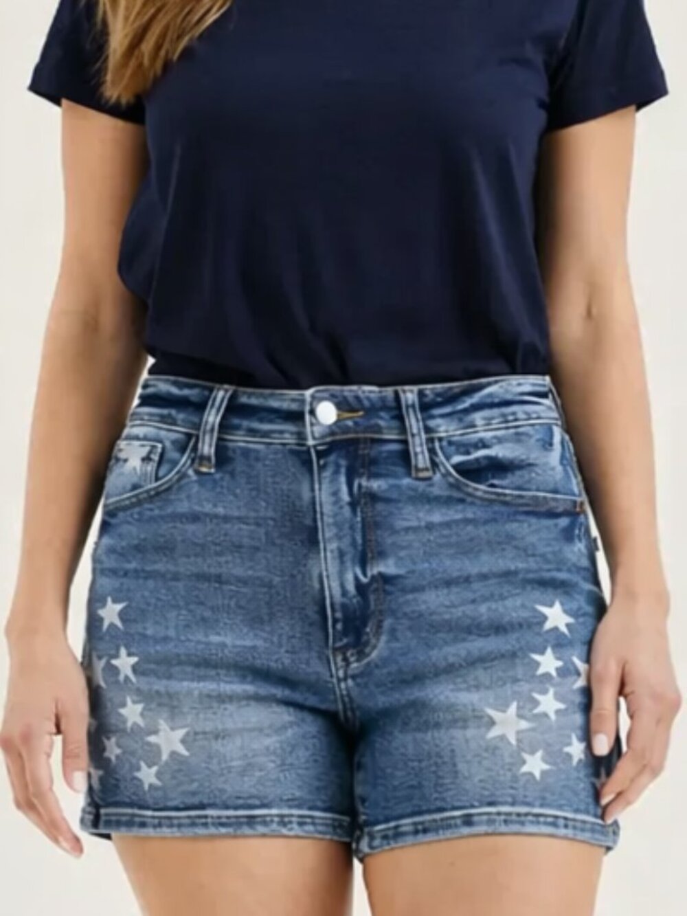 Judy Blue Distressed Star Print Denim Shorts in Blue